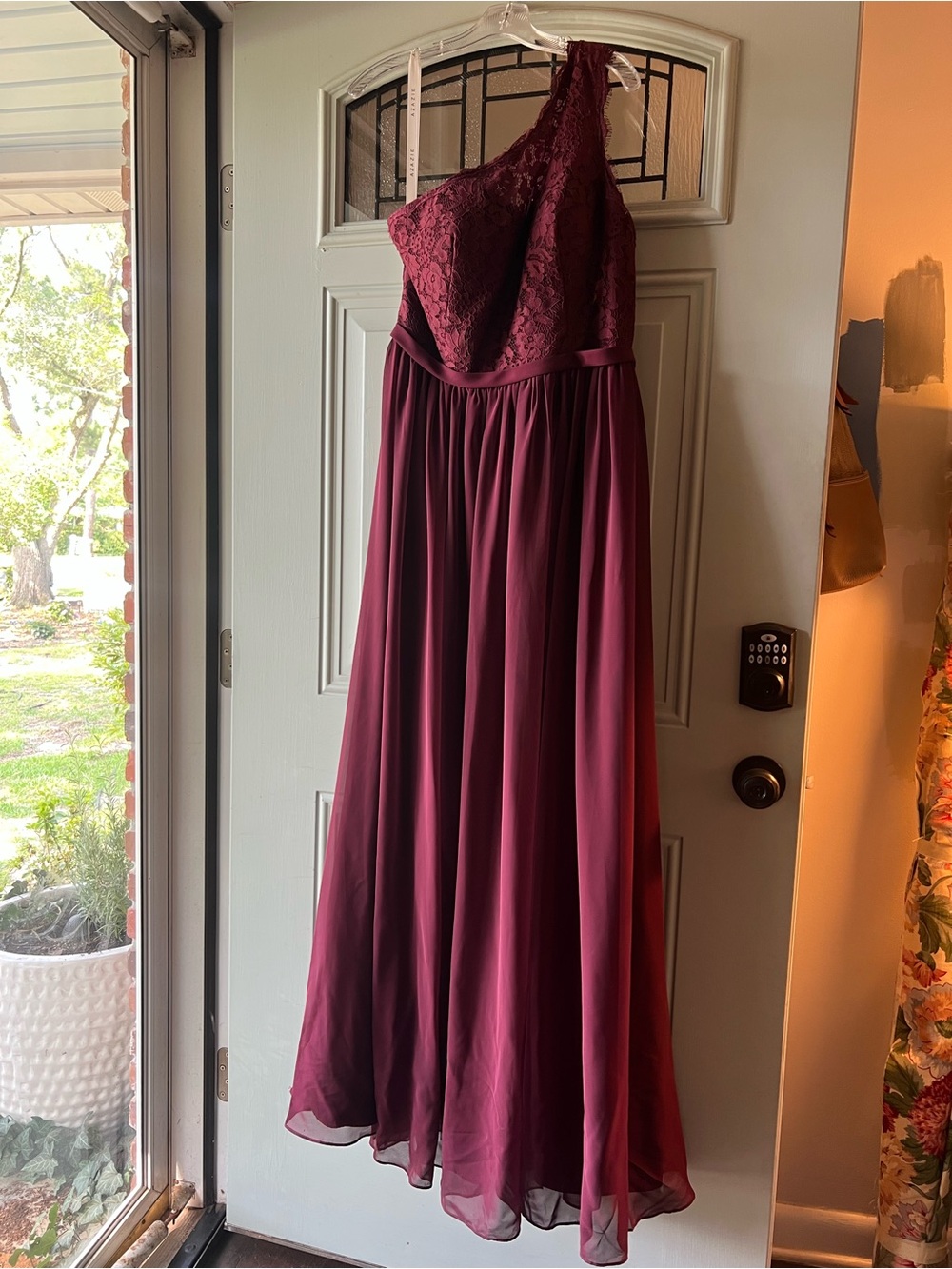 Azazie One-Shoulder Lace Bodice Chiffon Gown in Wine